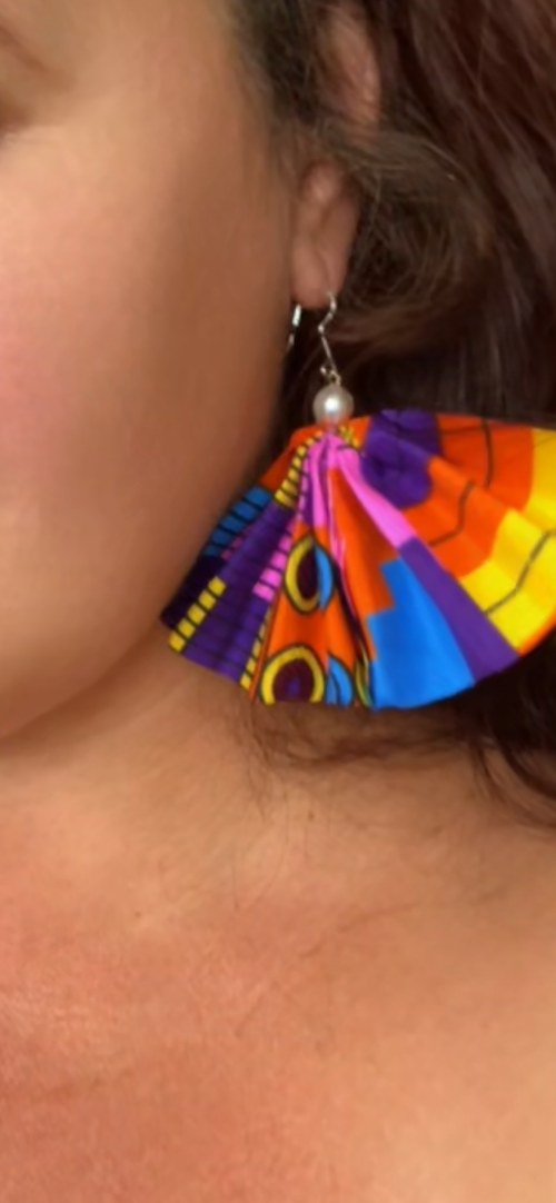 Adire Fan Earrings – worn on model